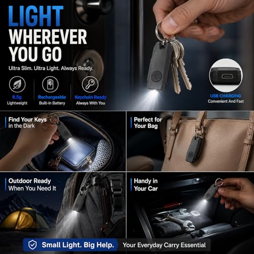 BARRYSAIL USB Rechargeable Keychain Light, 9pcs Mini LED Flashlight with Keyring, Great EDC Tool, Gift for Kids Teens (9, Black)