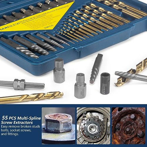 MABLEVI 55-Piece Screw Extractor Set, Broken bolt extractors & Multi-spline Extractors, and Drill Bits for Removing Stripped Screws, Studs, Fittings, Lugs Extraction - size: 55-piece