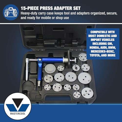 Mastercool 43050 Air-Powered Brake Caliper Wind-Back Tool Kit – 15-Piece Adapter Set, Left/Right Hand Operation, 3/8” Drive, Magnetic Base - style: Complete Kit – Tool + 15 Adapters + Case