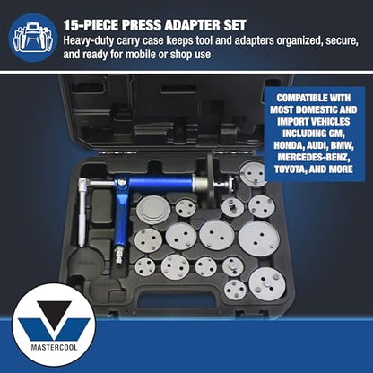 Mastercool 43050 Air-Powered Brake Caliper Wind-Back Tool Kit – 15-Piece Adapter Set, Left/Right Hand Operation, 3/8” Drive, Magnetic Base - style: Complete Kit – Tool + 15 Adapters + Case
