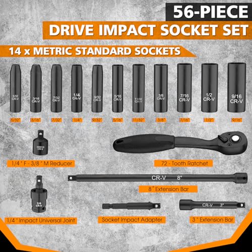 1/4" Drive Impact 56-Piece Socket Set, Standard SAE (5/32 to 9/16 inch) & Metric (4-15mm), 6 Points, CR-V, 1/4-Inch Drive Ratchet Handle, Drive Extension Bar & Impact Universal Joint with Case - style: 1/4" 56-Piece Impact Socket Set
