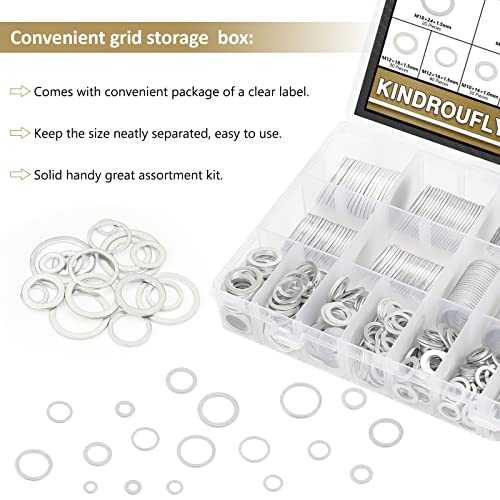 560 Pieces Automotive Drain Plug Gaskets, Oil Crush Washers, Kindroufly 18 Sizes Aluminum Flat Washers Assortment Set (M6 to M24)