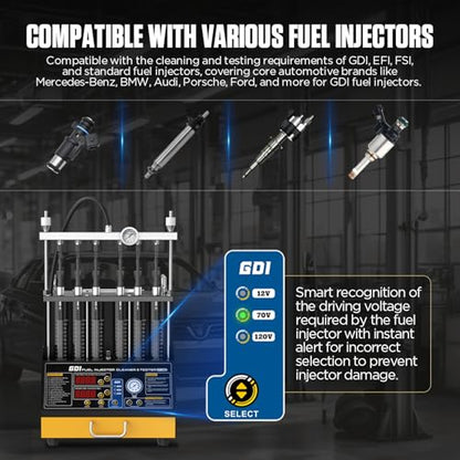 Fuel Injector Cleaner and Tester Machine, 6 Cylinder Fuel System Injection Cleaning Tester with Cleaning Fluid Heating, 3 Cleaning & 10 Testing Functions for GDl,EFI,FSI,12V/70V/120V Option - size: CT450