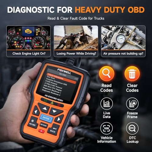 FOXWELL HD301 Heavy Duty Truck Scanner, Full System Diesel Scan Tool with 6/9/16 Pin, 2 in 1 Code Reader for Trucks & Car Engine, Diesel Diagnostic Tool for Cummins, Paccar, Caterpillar