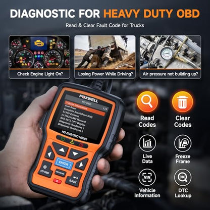 FOXWELL HD301 Heavy Duty Truck Scanner, Full System Diesel Scan Tool with 6/9/16 Pin, 2 in 1 Code Reader for Trucks & Car Engine, Diesel Diagnostic Tool for Cummins, Paccar, Caterpillar