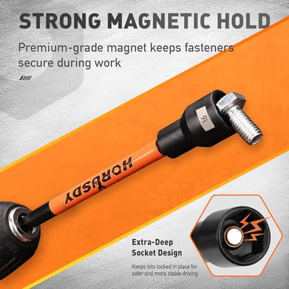 HORUSDY 59pcs Magnetic Nut Driver Set with 6-in-1 Ratcheting Screwdriver Handle, SAE & Metric 1/4 Inch Hex Shank Socket Set for Impact Drill with Quick-release Bit Holder and Extension Bar - style: New-Version