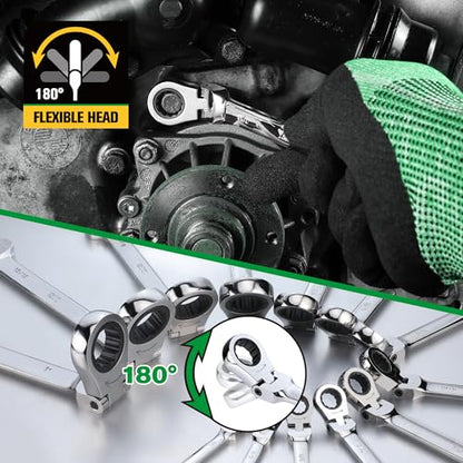 SK Flex-Head Ratcheting Wrench Set, Combination Wrench Set, 13-Piece, SAE 1/4" to 1", 72-Tooth, Premium CR-V Construction, with Rack Organizer - size: SAE