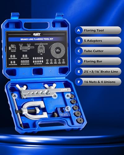 3/16 in Brake Line Kit, Brake Line Flaring Tool Kit with 25ft Brake Line | 16 Fittings & 4 Unions, Double & Single Flaring Tool Kit for Most Hydraulic Braking Fuel Systems