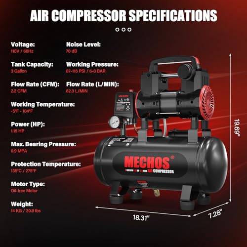 Portable Air Compressor with 3 Gallon Steel Tank, 1.15 HP 2.2 CFM @ 90 PSI, 116 Max PSI Oil-Free Air Compressor for Garage, Home Use, Tire Inflation, Nail Gun, DIY Projects,110V - style: 3Gallons