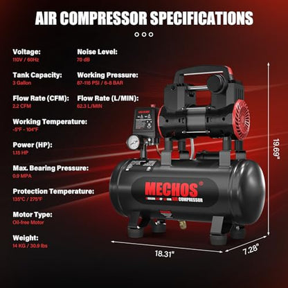 Portable Air Compressor with 3 Gallon Steel Tank, 1.15 HP 2.2 CFM @ 90 PSI, 116 Max PSI Oil-Free Air Compressor for Garage, Home Use, Tire Inflation, Nail Gun, DIY Projects,110V - style: 3Gallons