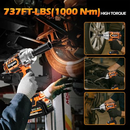 1000N.m/737Ft-lbs Brushless Impact Wrench,1/2" Cordless Impact Gun / 2x4.0Ah Battery & 6 Sockets, 3500RPM Power Electric Impact Driver for Car/DIY Furniture/Lawn Mower, Orange Toolbox