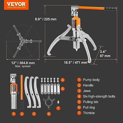 VEVOR Hydraulic Gear Puller, 15 Ton Max Capacity Wheel Bearing Pulling Separator, 2 or 3 Jaws Puller, Vertically and Horizontally, 12" Jaw Hydraulic Puller with Case for Pulling Hubs - style: 15 Ton