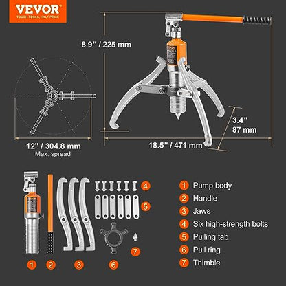 VEVOR Hydraulic Gear Puller, 15 Ton Max Capacity Wheel Bearing Pulling Separator, 2 or 3 Jaws Puller, Vertically and Horizontally, 12" Jaw Hydraulic Puller with Case for Pulling Hubs - style: 15 Ton