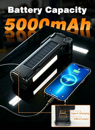 Rechargeable LED Work Light, 5000mAh Magnetic Flashlight with Stepless Dimming, SOS Red Strobe & Loud Alarm, Rotatable & Foldable Mechanic Light for Car Repair, Camping & Emergency (1 Pack Black) - color: Black