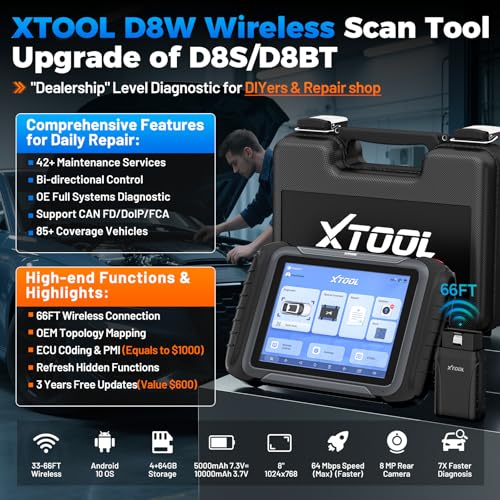 XTOOL D8W Wireless Bidirectional Scan Tool, AI-Assisted OBD2 Scanner with Topology, 3-Year Updates, ECU C0ding, PMI, 42+ Resets, Full Diagnostic Scanner for Car, Crankshaft Relearn, FCA/CAN FD/DoIP