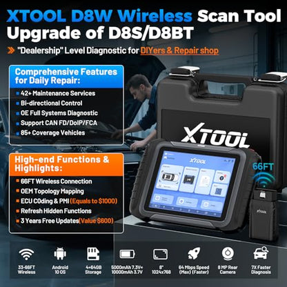 XTOOL D8W Wireless Bidirectional Scan Tool, AI-Assisted OBD2 Scanner with Topology, 3-Year Updates, ECU C0ding, PMI, 42+ Resets, Full Diagnostic Scanner for Car, Crankshaft Relearn, FCA/CAN FD/DoIP