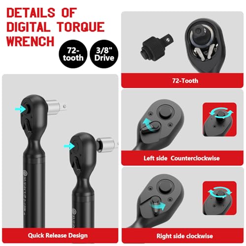 SUERCUP 3/8" Digital Torque Wrench, 1.5-99.6Ft.Lb, for Cars, Moto, Bikes | ±1% Accuracy, 2-135Nm Electronic Torque Wrench, Vibration/Buzzer/LED, 9 Presets & 5 Units, Spark Plugs, Engine & Suspension - size: 3/8" 1.5-99.6Ft.Lb/2-135N.m