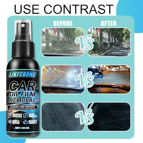 Oil Film Remover Spray for Car Windows 100ml, Shower Door Cleaner | Automotive Whidshield Cleaner Set, Liquid Cleaing Spray for Cleaning Car Exterior and Interior, Clear Vision, Mirror, Screens