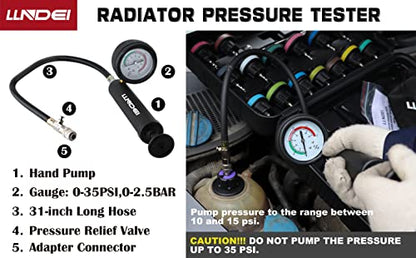 LLNDEI Coolant Radiator Pressure Tester Kit 28PCS Radiator Pressure Tester Pneumatic Vacuum Cooling System Purge Refill Leak/Refiller Set, Universal Automotive Domestic/Import Vehicles, Motorcycle