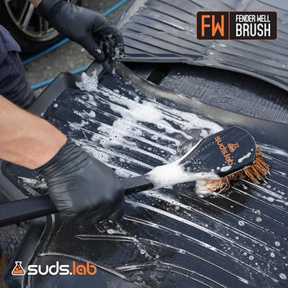 Suds Lab FW Fender Well Brush, Car Wash Brush, Long Handle Tire Cleaner for Car Detailing, 18 Inch, Soft Bristles, Non-Slip Grip, Black