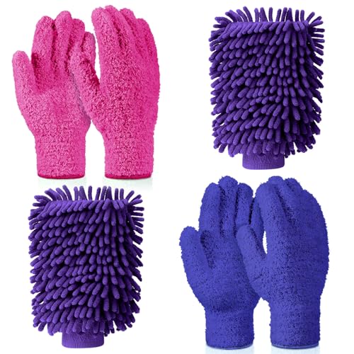 Potchen 6 Pcs Microfiber Dusting Mitt Gloves for Plants Washable Dusting Gloves for House Cleaning Furniture Car Washing - color: Purple, Rose Red