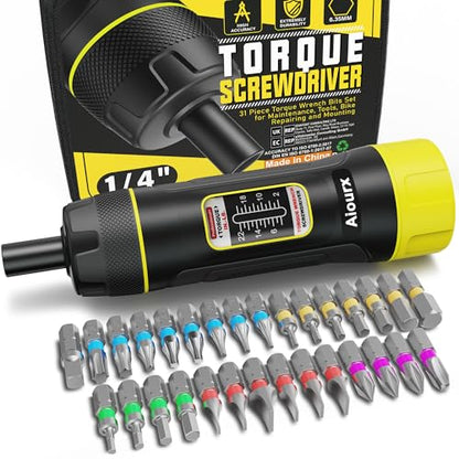 Torque Screwdriver Wrench Set, 2-22 Inch Pounds lbs, 31 Piece 1/4" Drive Torque Screwdriver Wrench with S2 Steel Bits for Bicycle Mechanics, Mechanical Equipment, and Mounting - size: 2-22 in.-lb. Standard