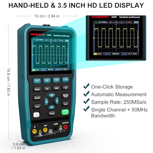 HANMATEK 3 in 1 Handheld Oscilloscope Multimeter,Waveform Generator HO51 with 3.5" TFT Oscilloscop, Auto-Calibration Function, Memory Function, Multi Tester - style: 50Mhz+Generator+1 Channel
