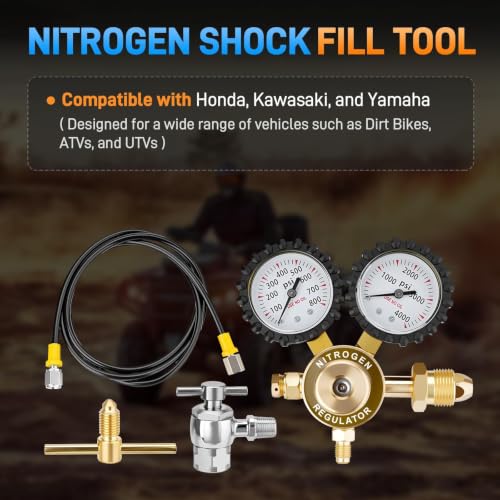 Nitrogen Regulator Kit, 4000PSI Nitrogen Shock Fill Tool with No-Loss Schrader Chuck & Gauge, for Shock Absorbers, Compatible with Dirt Bike, ATV, UTV, Honda, Kawasaki, Yamaha