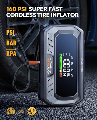 YaberAuto 12-in-1 Jump Starter with Air Compressor 8000A 160PSI 65W Charging, Portable Car Battery Jump Starter (All Gas/14L Diesel) Jump Box Car Battery Jumper Starter Portable Jumper Cables, 160W DC - size: 8000A