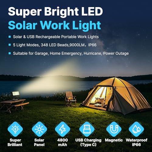 90W Solar Rechargeable Work Light 9000LM, 348 LEDs, 4800mAh, 10H Runtime, IP66 Rainproof, 5 Modes – Portable LED Solar Work Light for Emergency, Camping & Repair