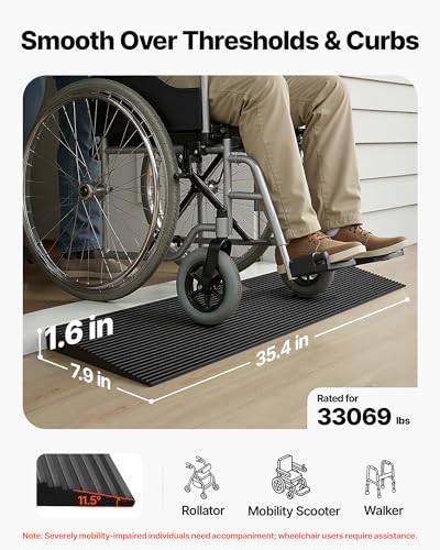 VEVOR 1.6" Rise Cuttable Threshold Ramp for Doorways, 35.4" Wide Natural Rubber Wheelchair Ramp, Non-Slip Solid Rubber Ramp with Double-Sided Tape for Doorways,Driveways,Bathroom,Smooth Tile - size: 1.6‘’ Rise