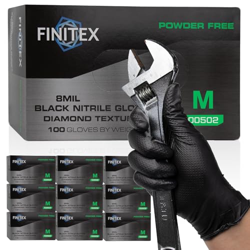 FINITEX Industrial Diamond Texture Nitrile Black Glove - 100/1000PCS Chemical Resistant 8mil Mechanic Disposable Gloves - color: Black (Medium 1000)