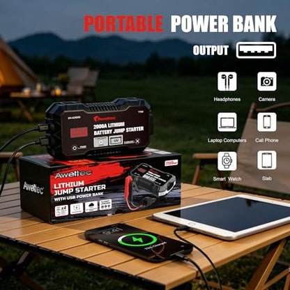 2000A Car Battery Jump Starter – Portable Jump Box for 8.0L Gas & 6.5L Diesel Engines, 12V Lithium Power Bank with USB Ports, Jumper Cables, 3-Mode LED Light – Roadside Emergency Kit