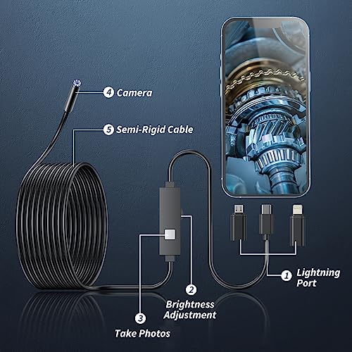 Kinpthy Endoscope Camera with Light,1920P HD Borescope Tools with 8 Adjustable LED Lights, Endoscope with Semi-Rigid Snake Camera, Inspection Borescope for iOS and Android-16.4ft Single Lens - size: 16.4ft, style: Single lens