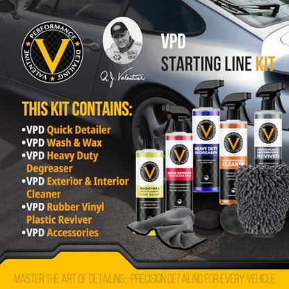 VPD Starting Line Kit - Complete Auto Care Set with Heavy Duty Degreaser, Wash & Wax, Quick Detailer, Interior & Exterior Cleaner, Rubber Vinyl Plastic Reviver, Microfiber Towels, Applicators & Mitts