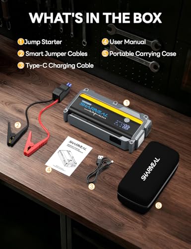 Sharmeal Jump Starter, 7000A Battery Jumper Starter Portable (All GasAll Gas/12.0L Diesel), 12V Jump Box Car Battery Jump Starter with Smart Jumper Cables, LED Light - color: Yellow-7000A (Upgraded Battery Cell )