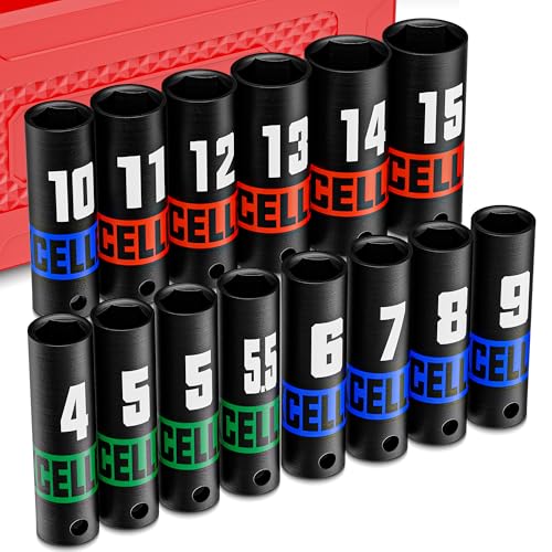14Piece 1/4-Inch Drive Impact Socket Set, 4-15 mm Deep Sockets, 6 Point Metric Sockets for Automotive Repair, Equipment Maintenance - size: 1/4 Inch Metric Deep