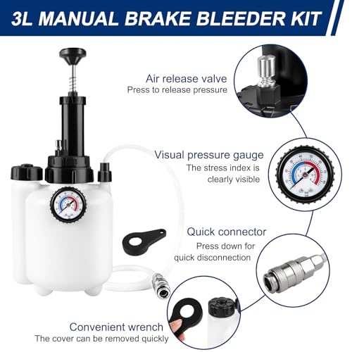 KACOLA 3L Pressure Brake Bleeder Kit, Manual Brake Power Bleeder with 1L Catch Bottle and 4 Master Cylinder Adapters, One-Person Operation for Brake and Clutch Fluid Exchange on Most Cars Trucks