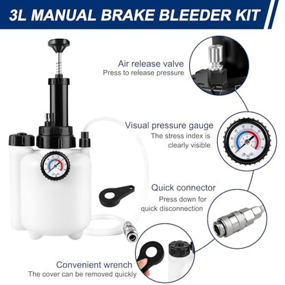 KACOLA 3L Pressure Brake Bleeder Kit, Manual Brake Power Bleeder with 1L Catch Bottle and 4 Master Cylinder Adapters, One-Person Operation for Brake and Clutch Fluid Exchange on Most Cars Trucks