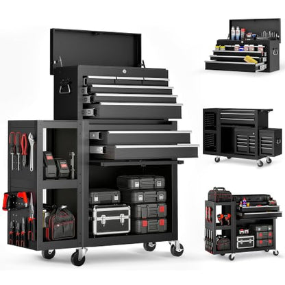 8-Drawer Rolling Tool Chest,3-in-1 Tool Box on Wheels with Lockable Steel Cabinet, Detachable Top Toolbox & Bottom Storage Cart with Additional Cabinet for Repair Room,Warehouse, Black New - size: 8 Drawers-Black New