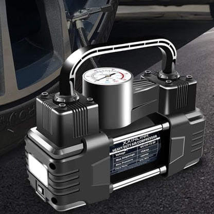 Rapid Inflation Heavy-Duty Portable Dual-Cylinder Tire Inflator with Pressure Gauge - 12V 150PSI Metal Air Compressor (LED Light), Adapters & Storage Bag Included, Fits Cars, RV Tires - style: Manual