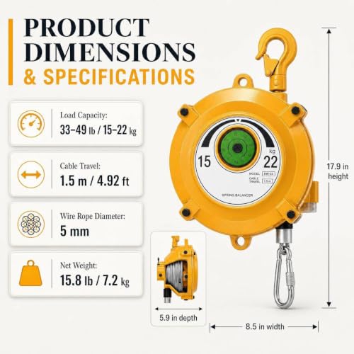 Spring Balancer 33-49 lbs(15-22kg) Adjustable Tool Holder, 1.5m Wire Rope, Heavy-Duty Steel, Safety Lock Hook for Workshop, Garage & Assembly Line