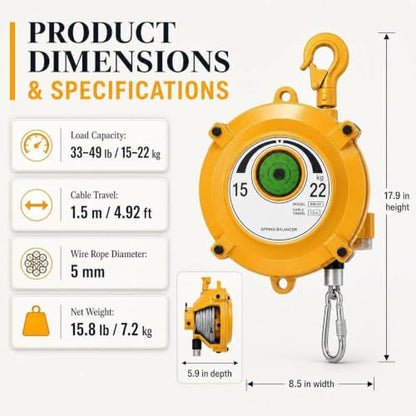 Spring Balancer 33-49 lbs(15-22kg) Adjustable Tool Holder, 1.5m Wire Rope, Heavy-Duty Steel, Safety Lock Hook for Workshop, Garage & Assembly Line