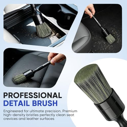 Car Detailing Brush, 6PCS Ultra Soft Boars Hair Car Interior Exterior Detailing Brushes, Scratch-Free Car Cleaning Dust Brush for Dashboard, Emblem, Air Vents, Wheels, Leather Seat - color: Black