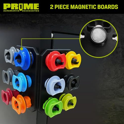 PR1ME 20 Pcs No Spill Engine Oil Funnel Kit,1.5L/1.6QT Oil Change Funnel with 12 Adapters,Elbow Fitting, Arrow Screen & Magnetic Boards,Compatible with GM,BMW,Toyota,Chrysler,Ford,Volvo,Lexus,Honda