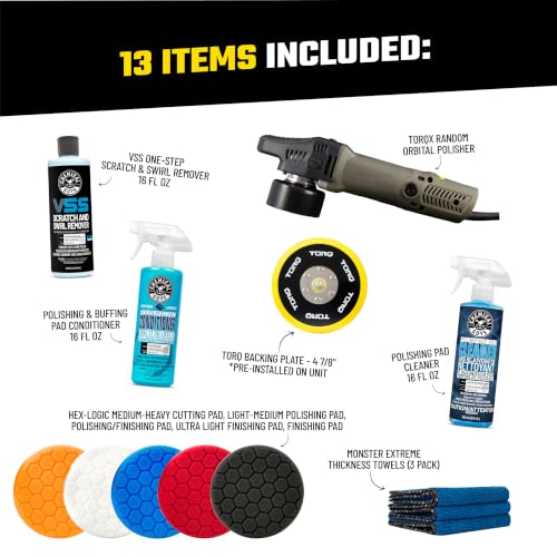 Chemical Guys, TORQX Random Orbital Polisher Kit, Pads & Polishes, 12-Piece | 700W 8mm polisher with pads, pad cleaner, conditioner and towels, easy paint correction for beginners and pros - size: 12 ITEM KIT