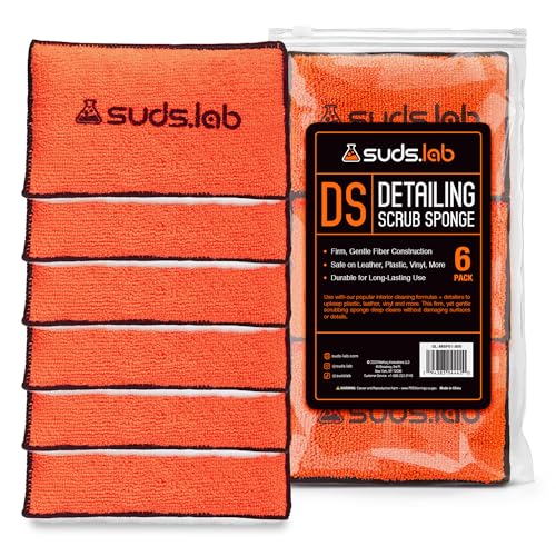 Suds Lab DS Detailing Scrub Sponge – Microfiber Scrub Pad for Car Detailing, Two Textures for Polishing & Scrubbing, Durable & Absorbent, Multi-Surface Use, Washable & Reusable – 6 Pack, Orange - size: Set of 6