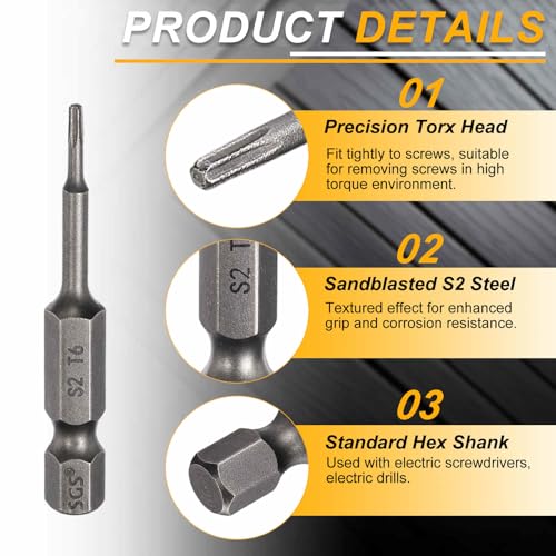 HARFINGTON 10pcs T6 Torx Head Screwdriver Bit 1/4" Hex Shank 2" (50mm) Long Magnetic No Hole Tip Tamper Proof 6 Point Star Screw Driver Drill Bits S2 Steel Industrial Power Screwdrivers - size: T6 x 2"