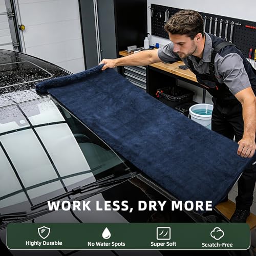 2-Pack 1500GSM Microfiber Drying Towel for Car 24"x36" & 11.8"x11.8"（Blue） | Ultra Absorbent Streak-Free Lint Free Twisted-Loop Cleaning Cloth for Cars Motorcycles Windows Kitchen