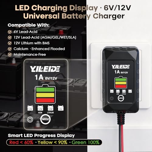 1A Smart Battery Charger for 6V/12V Lead-Acid & 12V Lithium Batteries- Trickle Charger & Desulfator for car Motorcycle Lawn Mower Boat Motorcycle Snowmobile